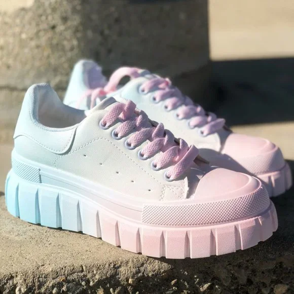 NEW Pastel Pink Blue Ombre Kawaii Cute Platform Low Top Laced Up Sneakers Shoes - Picture 3 of 11